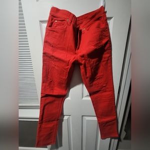 Red distressed skinny jeans sz 34